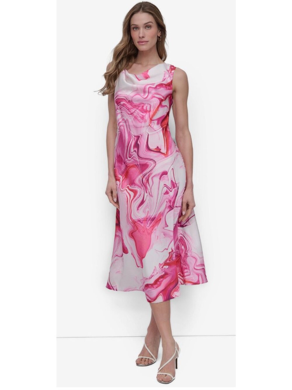 DKNY Pink Marble Print Sleeveless Midi Dress Lightweight Fabric